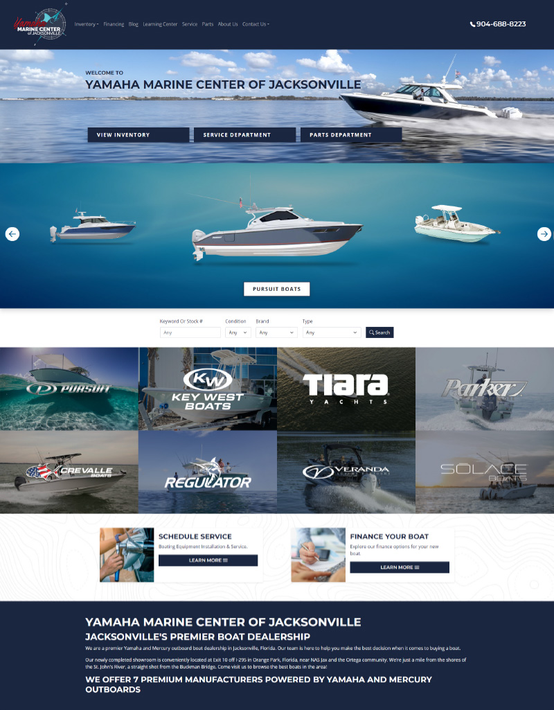 Website design and development for Yamaha Marine Center of Jacksonville.